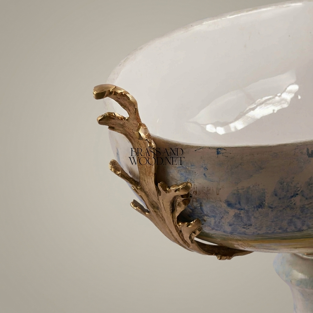 Classical Porcelain & Brass Pedestal Compote - Blue Landscape Motif — Antique Gold