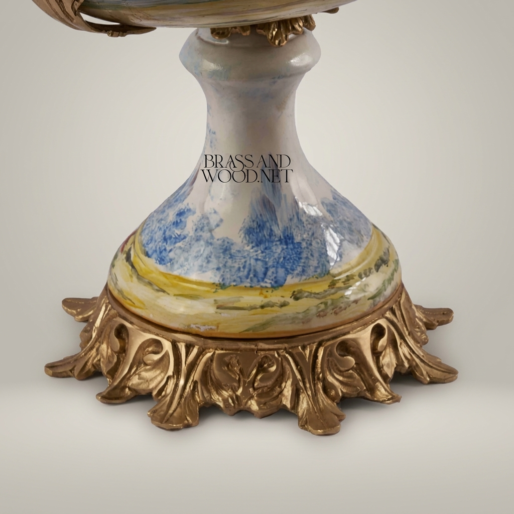 Classical Porcelain & Brass Pedestal Compote - Blue Landscape Motif — Antique Gold