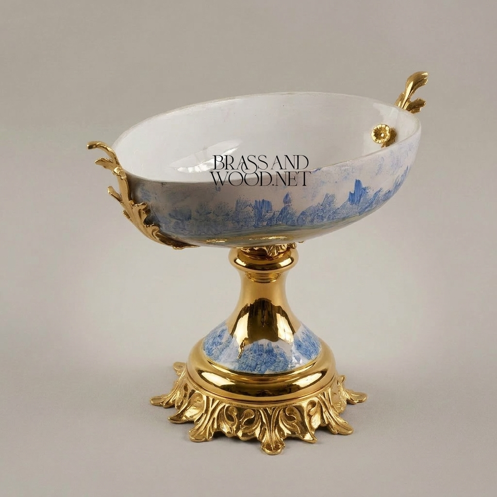 Classical Porcelain & Brass Pedestal Compote - Blue Landscape Motif — Gold
