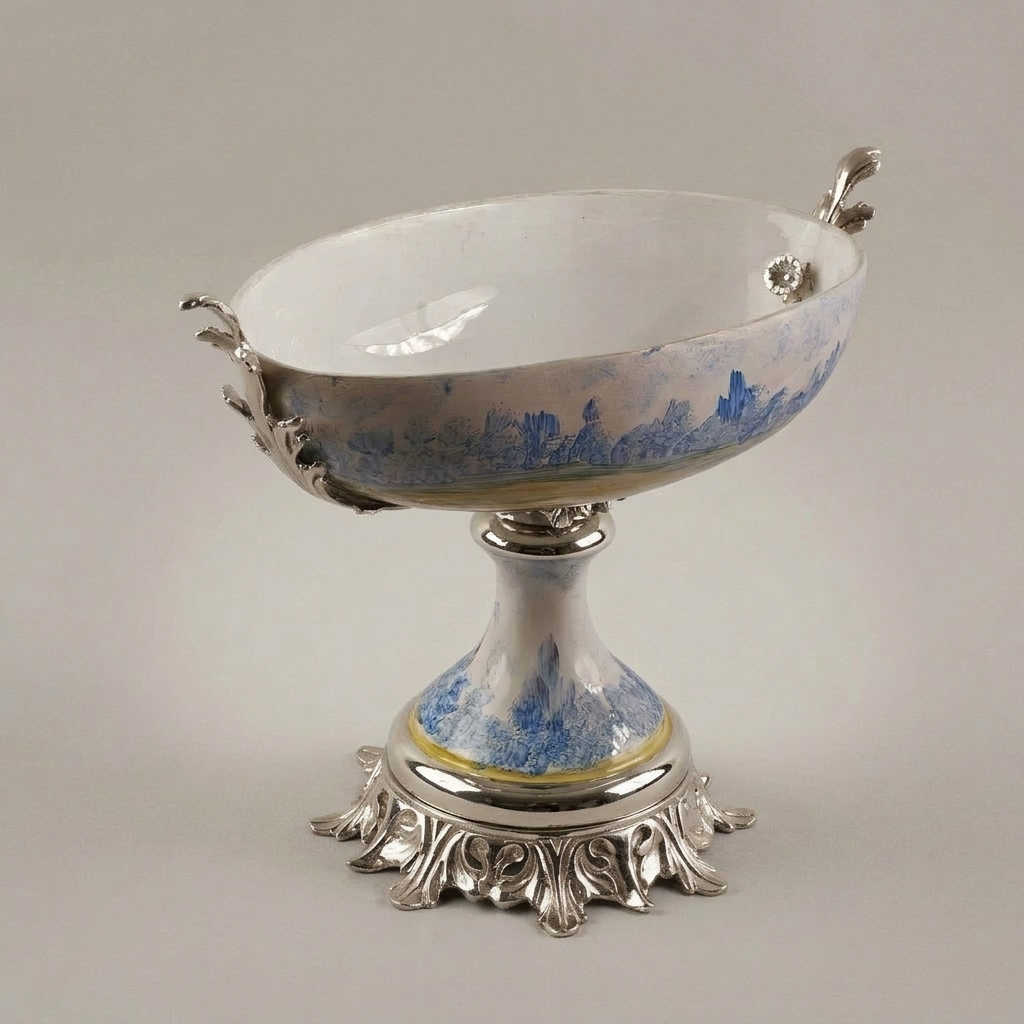 Classical Porcelain & Brass Pedestal Compote - Blue Landscape Motif — Silver