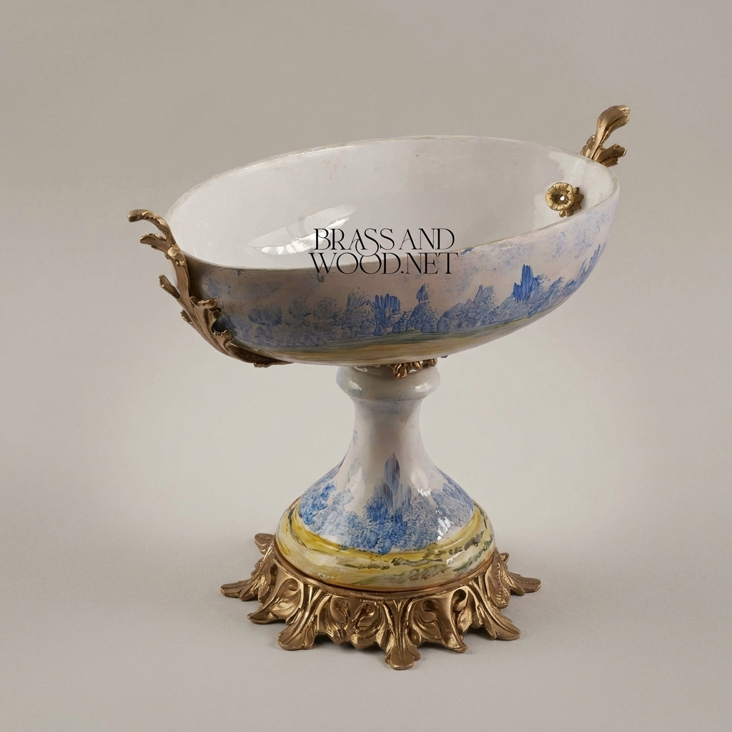 Classical Porcelain & Brass Pedestal Compote - Blue Landscape Motif — Antique Gold