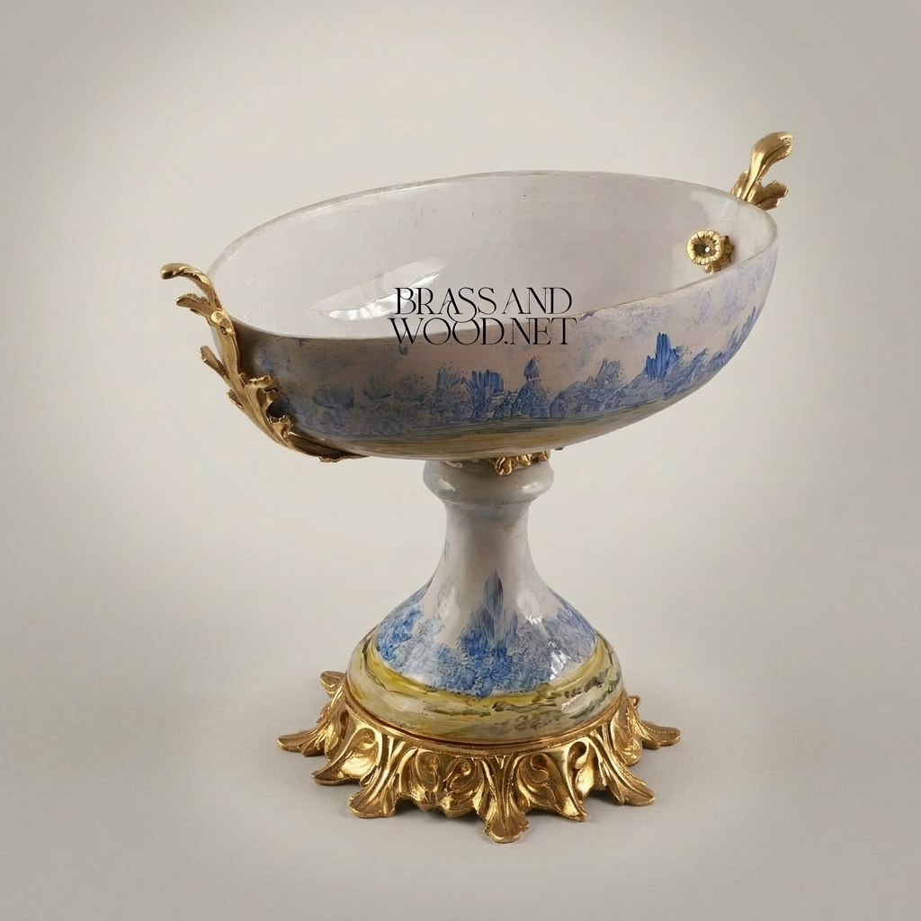 Classical Porcelain & Brass Pedestal Compote - Blue Landscape Motif