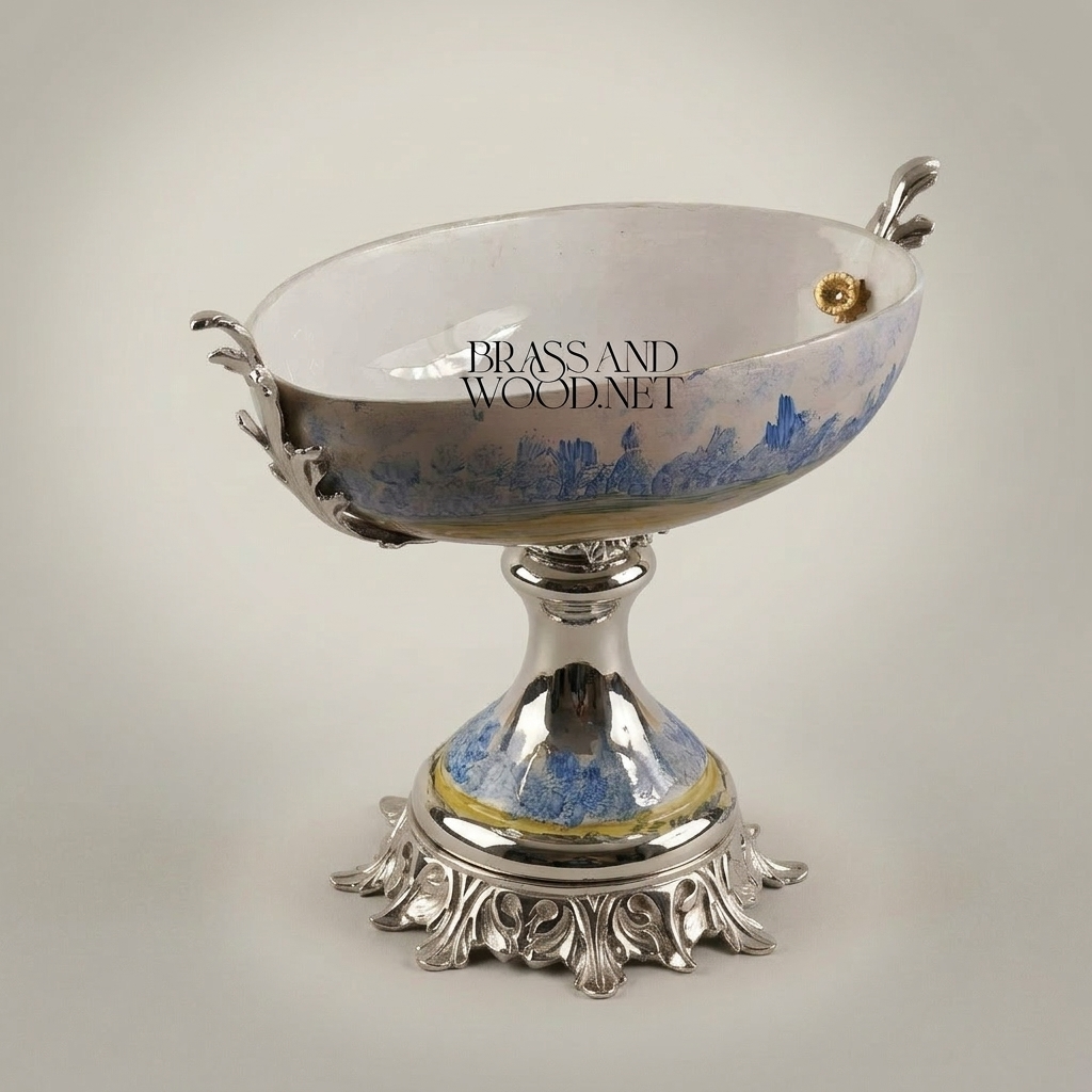 Classical Porcelain & Brass Pedestal Compote - Blue Landscape Motif — Silver