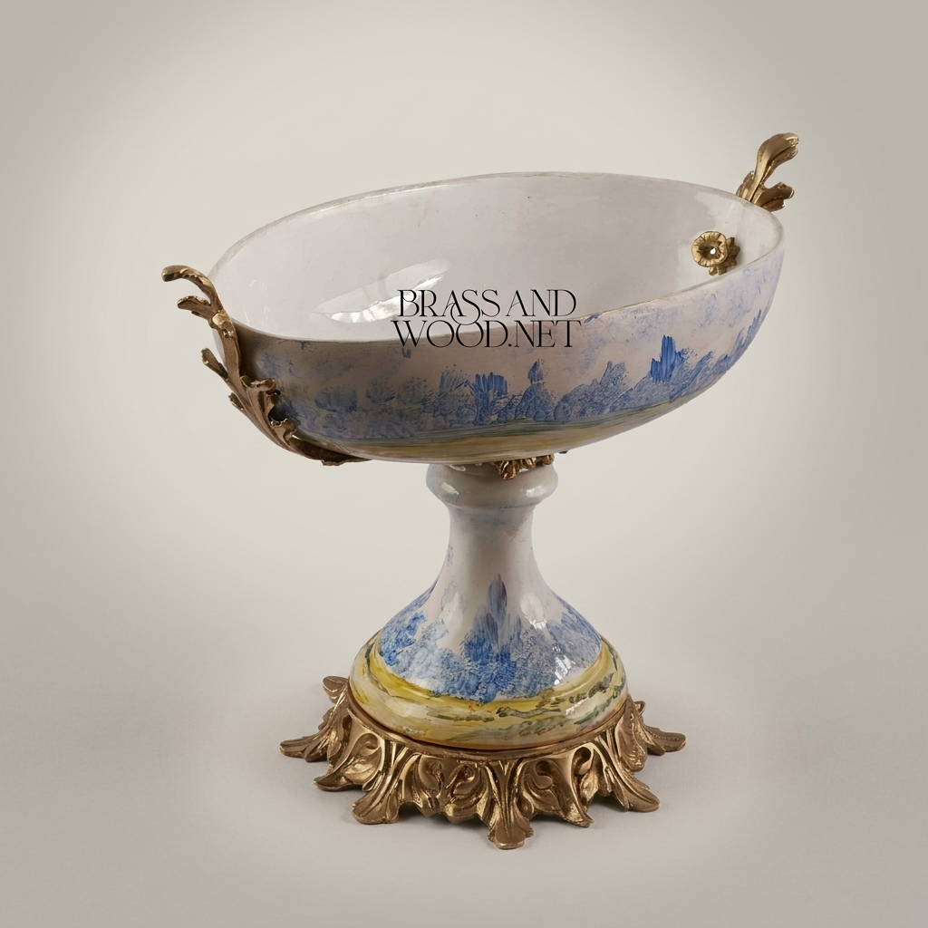 Classical Porcelain & Brass Pedestal Compote - Blue Landscape Motif — Antique Gold