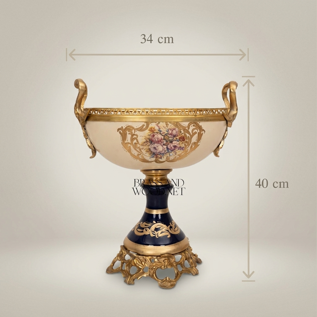 Classical Porcelain & Brass Pedestal Compote - Floral Medallion with Openwork Rim — Antique Gold