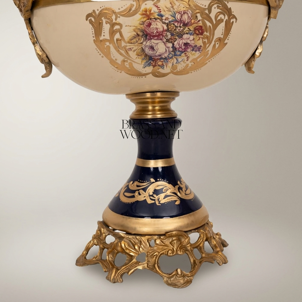 Classical Porcelain & Brass Pedestal Compote - Floral Medallion with Openwork Rim — Antique Gold