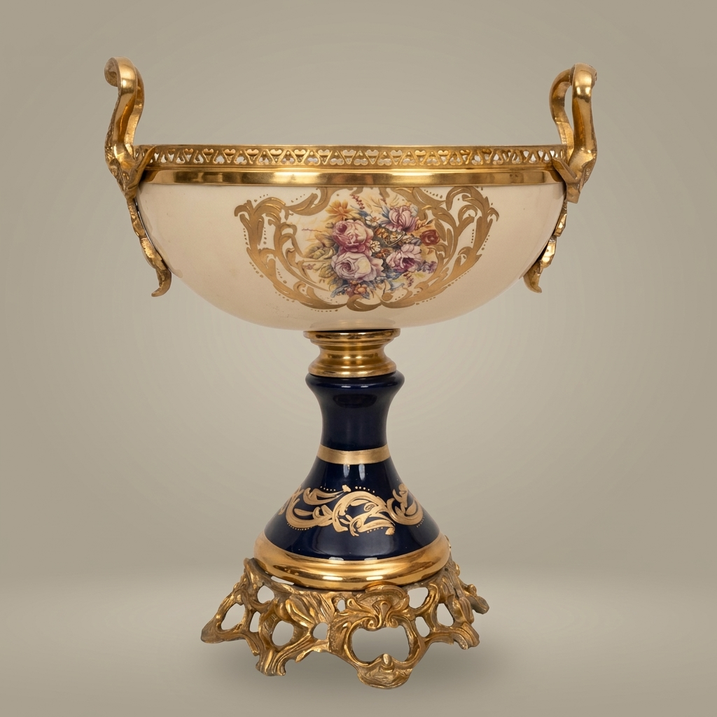 Classical Porcelain & Brass Pedestal Compote - Floral Medallion with Openwork Rim