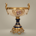 Classical Porcelain & Brass Pedestal Compote - Floral Medallion with Openwork Rim — Gold