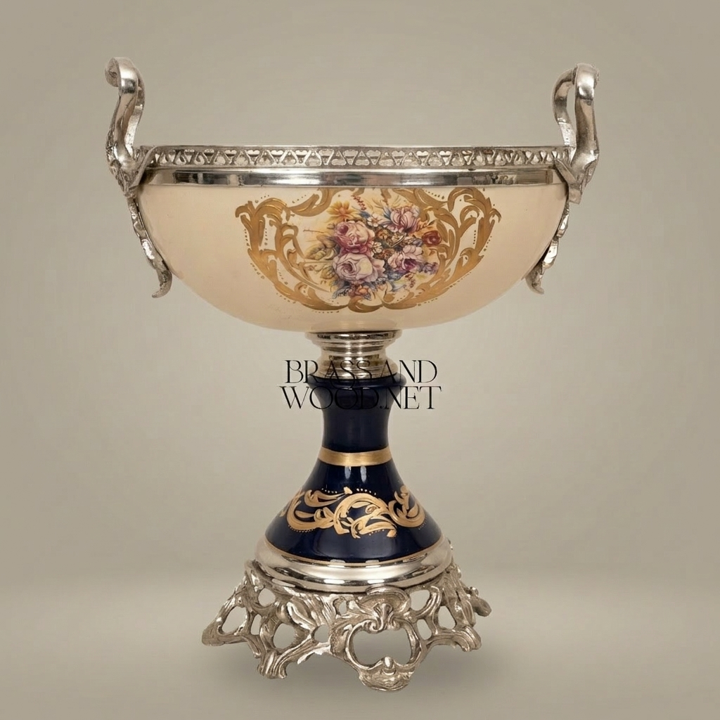 Classical Porcelain & Brass Pedestal Compote - Floral Medallion with Openwork Rim — Silver