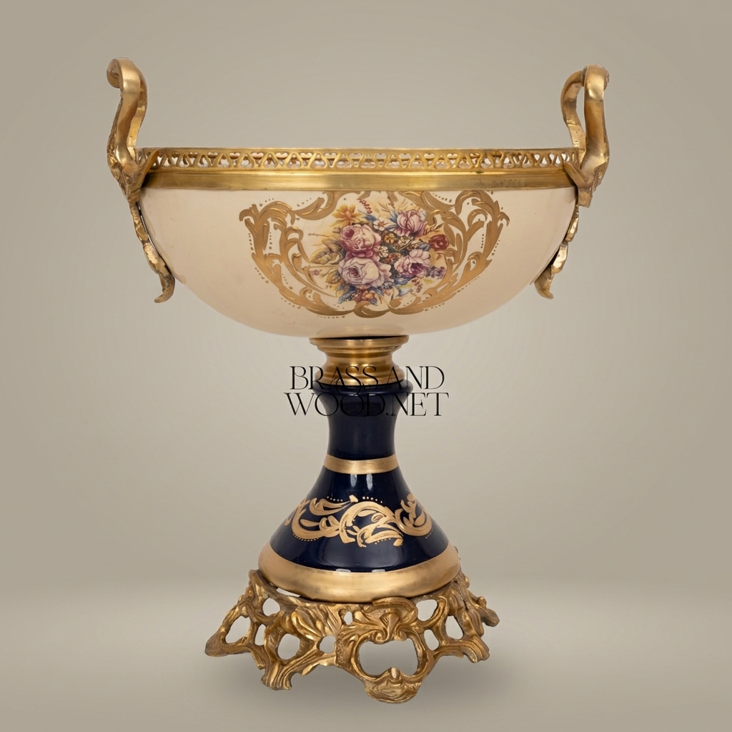 Classical Porcelain & Brass Pedestal Compote - Floral Medallion with Openwork Rim — Antique Gold