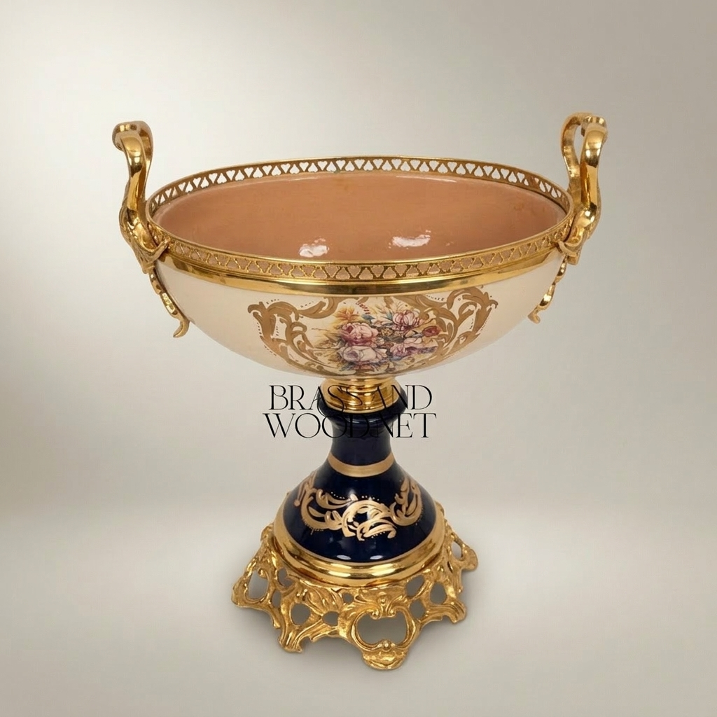 Classical Porcelain & Brass Pedestal Compote - Floral Medallion with Openwork Rim — Gold