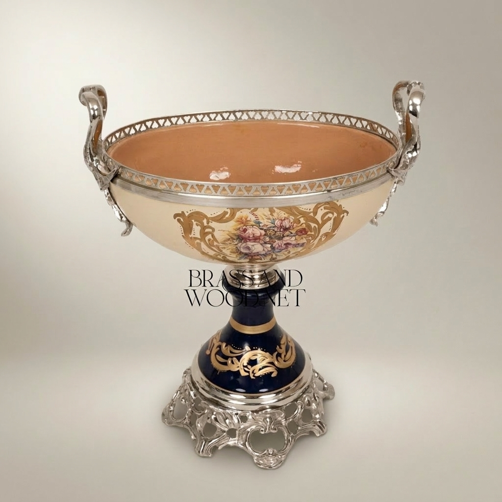 Classical Porcelain & Brass Pedestal Compote - Floral Medallion with Openwork Rim — Silver