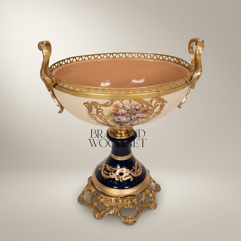 Classical Porcelain & Brass Pedestal Compote - Floral Medallion with Openwork Rim — Antique Gold