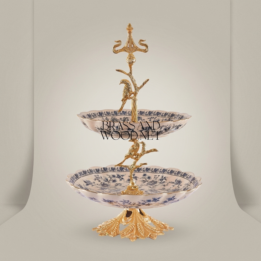 Classical Porcelain & Brass Two-Tier Serving Stand - Blue Floral Bird Tree