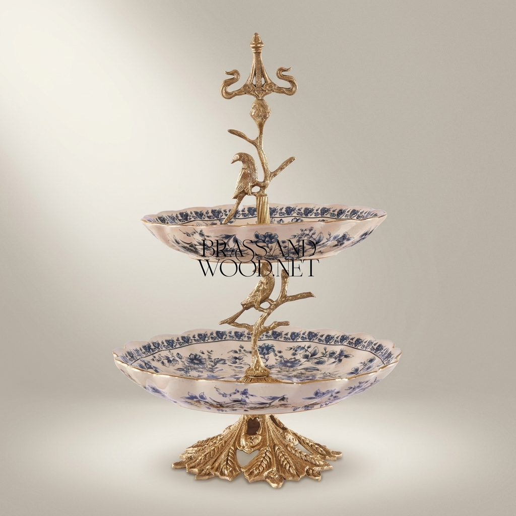 Classical Porcelain & Brass Two-Tier Serving Stand - Blue Floral Bird Tree — Antique Gold
