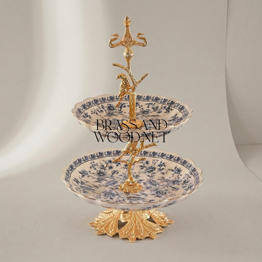 Classical Porcelain & Brass Two-Tier Serving Stand - Blue Floral Bird Tree
