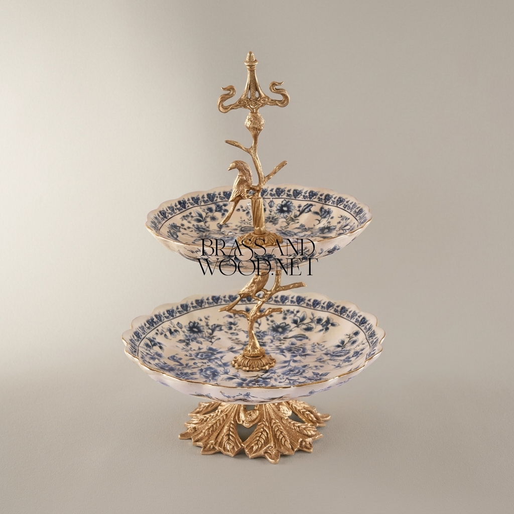 Classical Porcelain & Brass Two-Tier Serving Stand - Blue Floral Bird Tree — Antique Gold