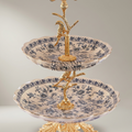 Classical Porcelain & Brass Two-Tier Serving Stand - Blue Floral Bird Tree — Gold