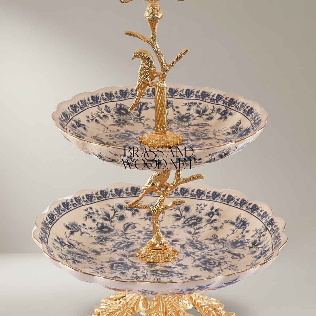 Classical Porcelain & Brass Two-Tier Serving Stand - Blue Floral Bird Tree — Gold