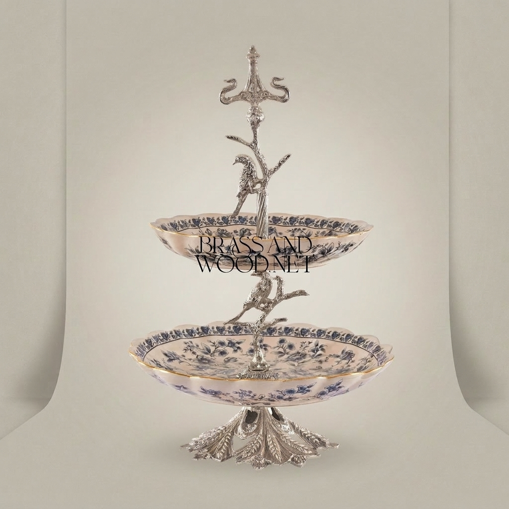 Classical Porcelain & Brass Two-Tier Serving Stand - Blue Floral Bird Tree — Silver