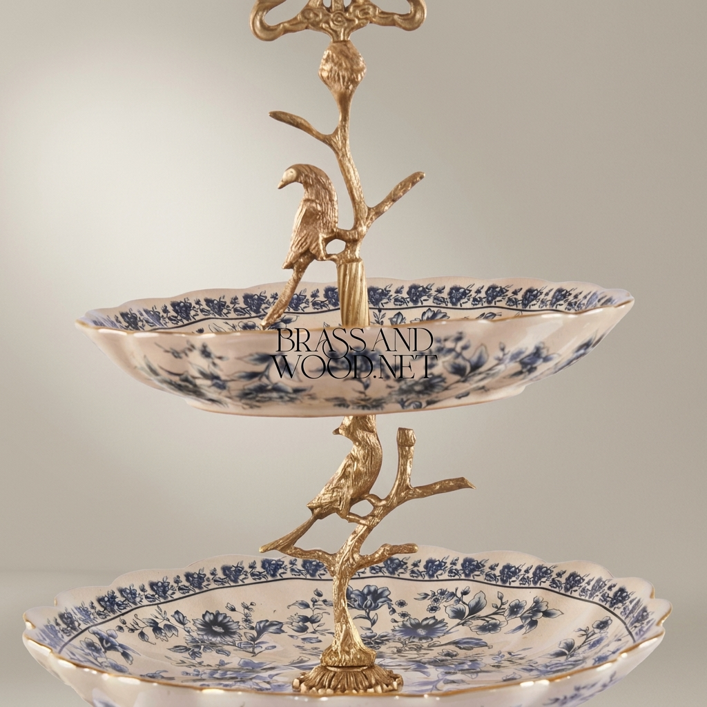 Classical Porcelain & Brass Two-Tier Serving Stand - Blue Floral Bird Tree — Antique Gold