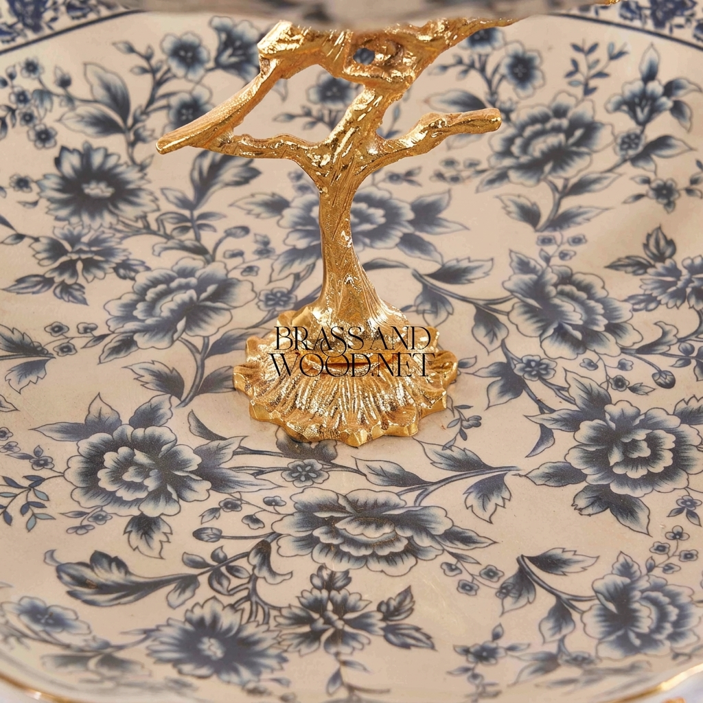 Classical Porcelain & Brass Two-Tier Serving Stand - Blue Floral Bird Tree