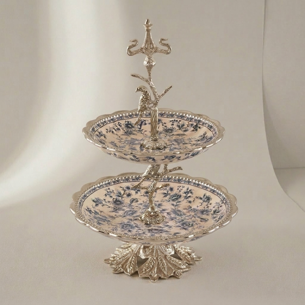 Classical Porcelain & Brass Two-Tier Serving Stand - Blue Floral Bird Tree — Silver