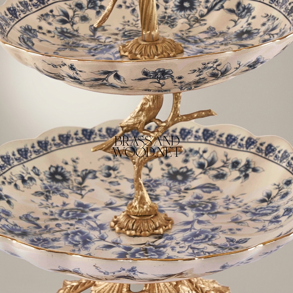 Classical Porcelain & Brass Two-Tier Serving Stand - Blue Floral Bird Tree — Antique Gold