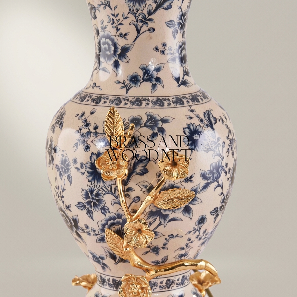 Classical Porcelain Table Lamp - Blue Floral Vase with Brass Botanical Accents