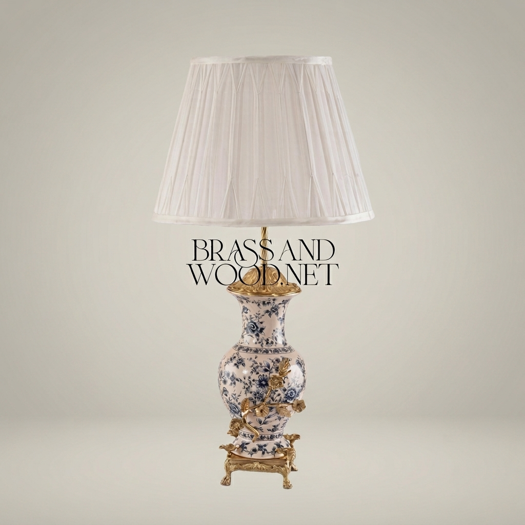 Classical Porcelain Table Lamp - Blue Floral Vase with Brass Botanical Accents — Antique Gold