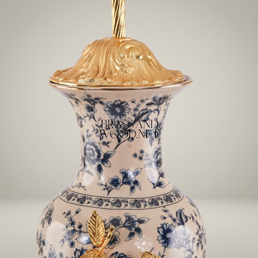 Classical Porcelain Table Lamp - Blue Floral Vase with Brass Botanical Accents — Gold