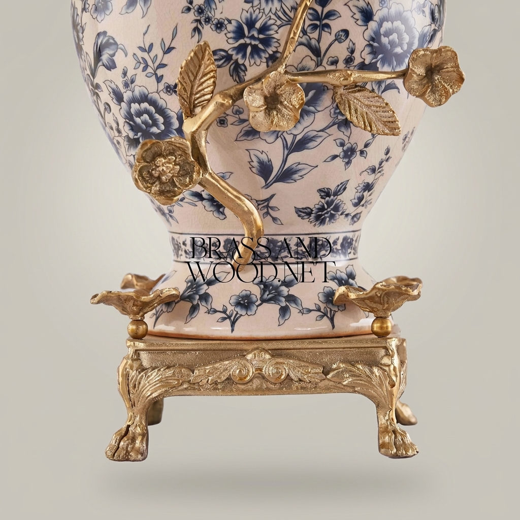 Classical Porcelain Table Lamp - Blue Floral Vase with Brass Botanical Accents — Antique Gold