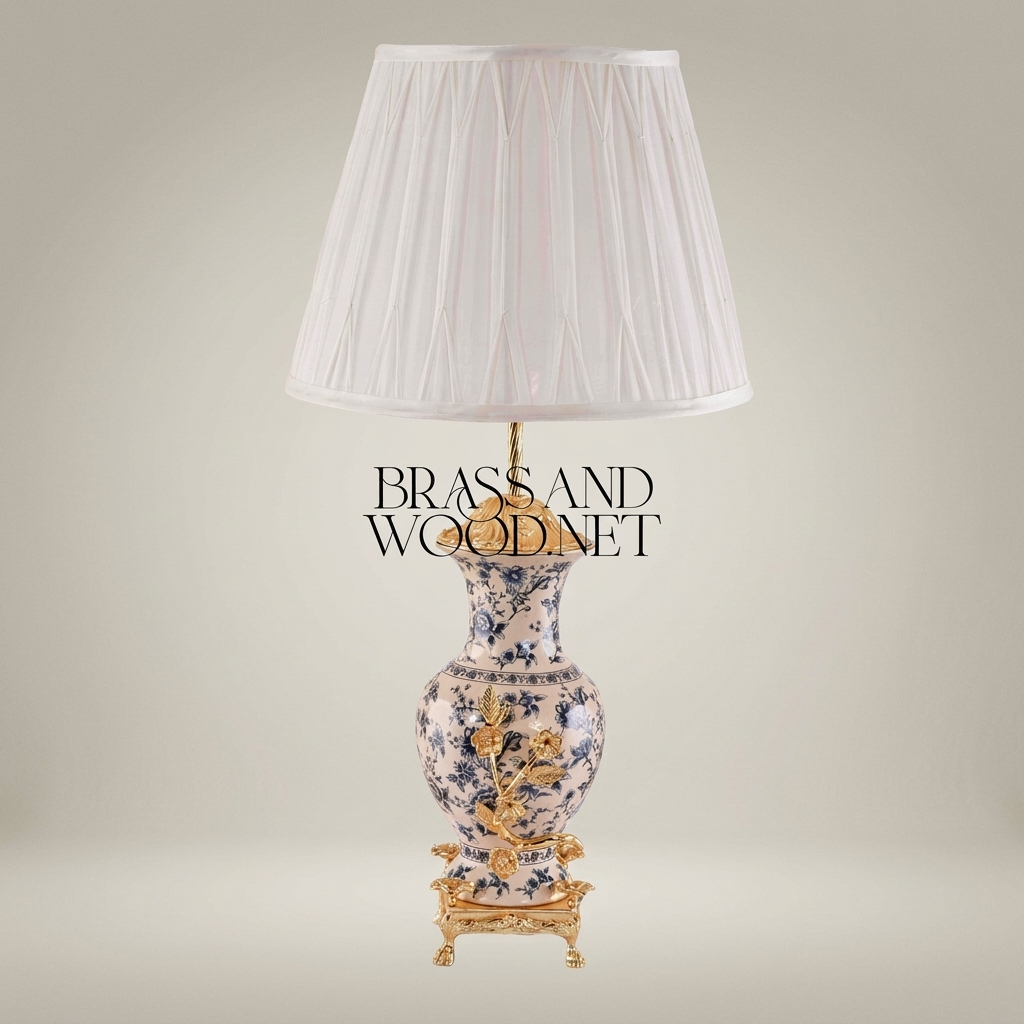 Classical Porcelain Table Lamp - Blue Floral Vase with Brass Botanical Accents — Gold