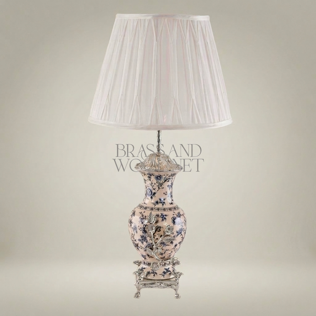 Classical Porcelain Table Lamp - Blue Floral Vase with Brass Botanical Accents — Silver