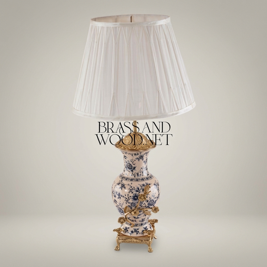 Classical Porcelain Table Lamp - Blue Floral Vase with Brass Botanical Accents — Antique Gold