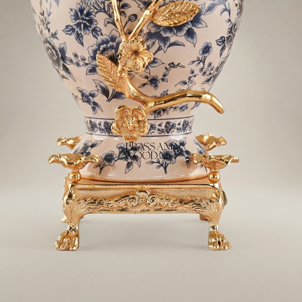 Classical Porcelain Table Lamp - Blue Floral Vase with Brass Botanical Accents — Gold