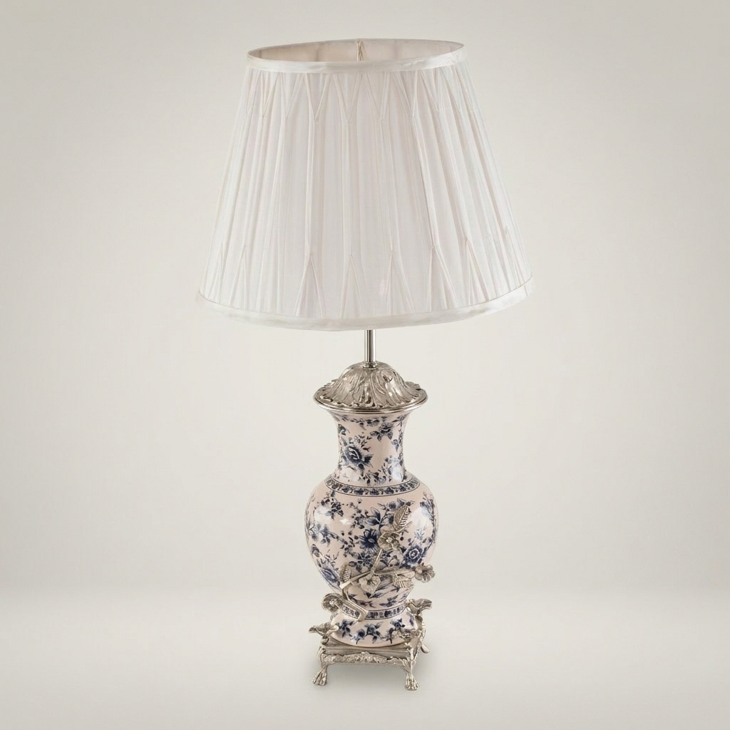 Classical Porcelain Table Lamp - Blue Floral Vase with Brass Botanical Accents — Silver