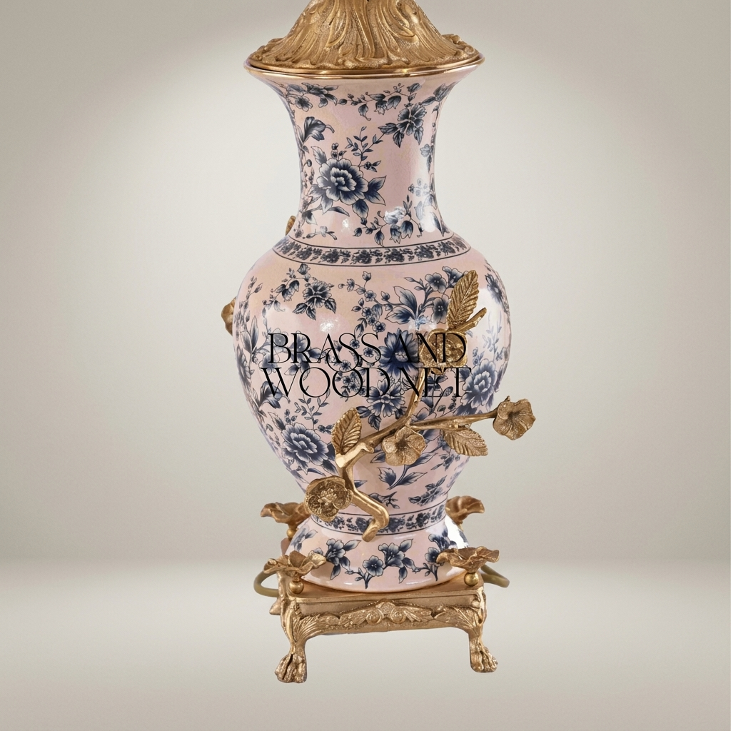 Classical Porcelain Table Lamp - Blue Floral Vase with Brass Botanical Accents — Antique Gold