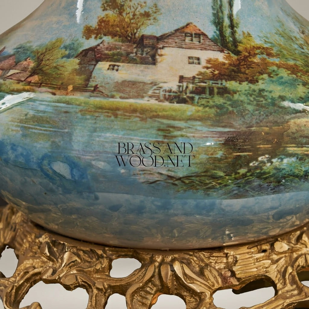 Classical Porcelain Table Lamp - Hand-Painted Landscape & Ornate Brass Base — Antique Gold