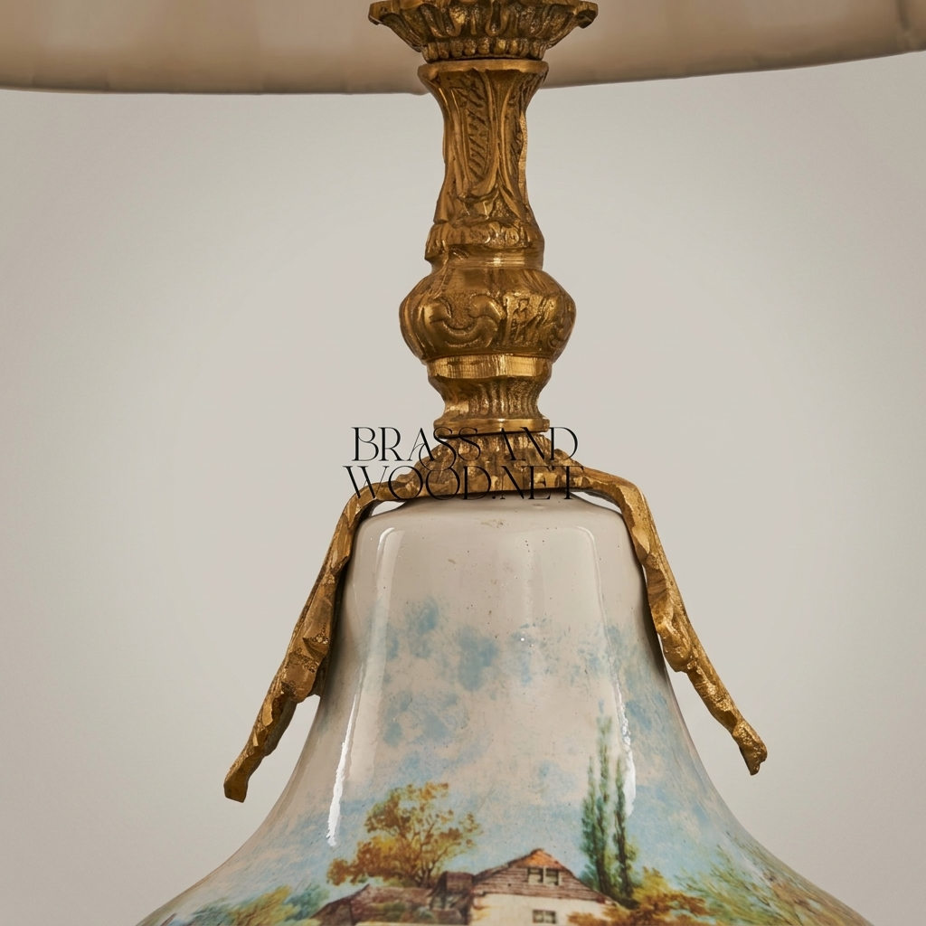 Classical Porcelain Table Lamp - Hand-Painted Landscape & Ornate Brass Base — Antique Gold