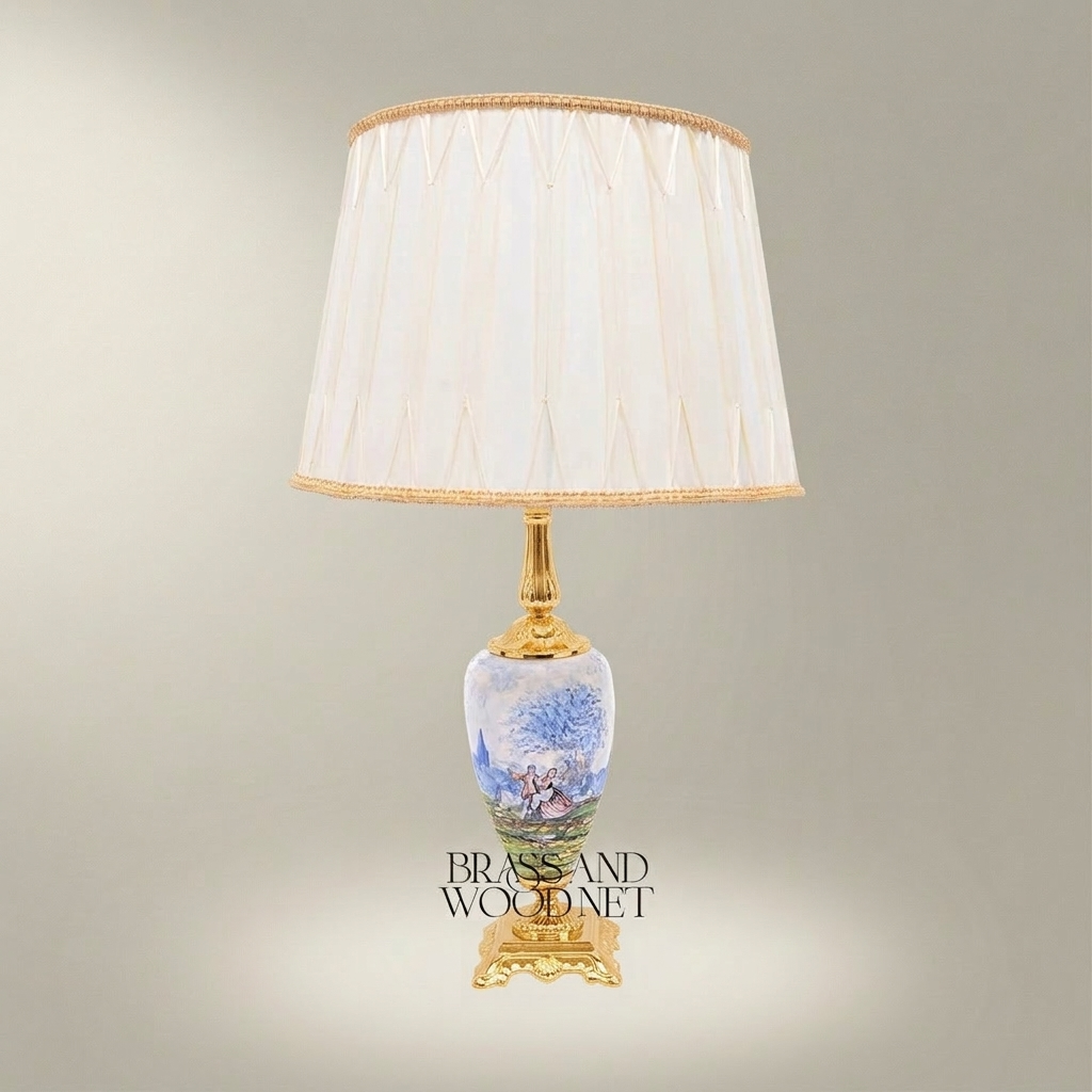 Classical Porcelain Table Lamp - Hand-Painted Romantic Scene with Ornate Brass Base