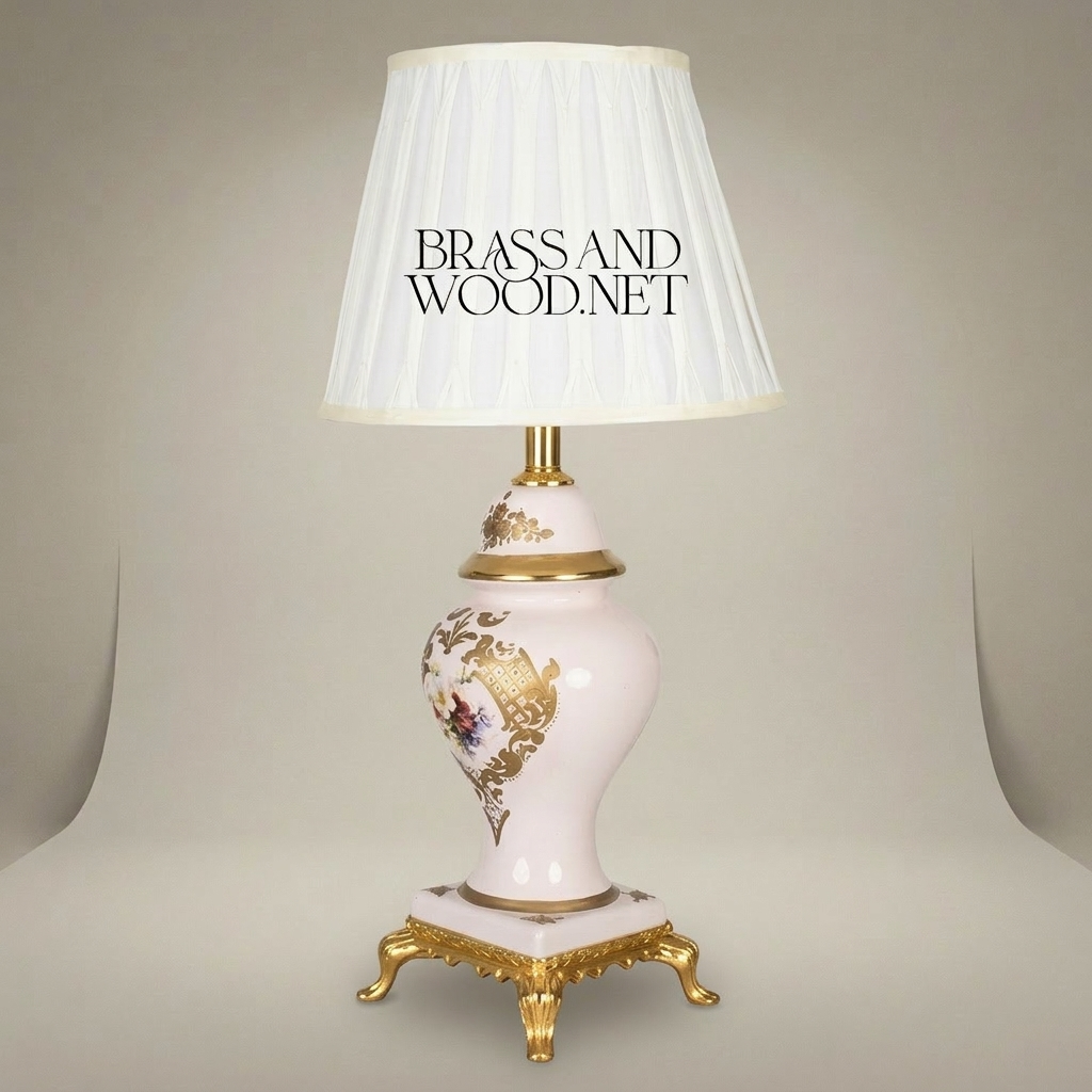 Classical Porcelain Table Lamp - Hand-Painted Floral Bouquet & Ornate Brass Base — Gold