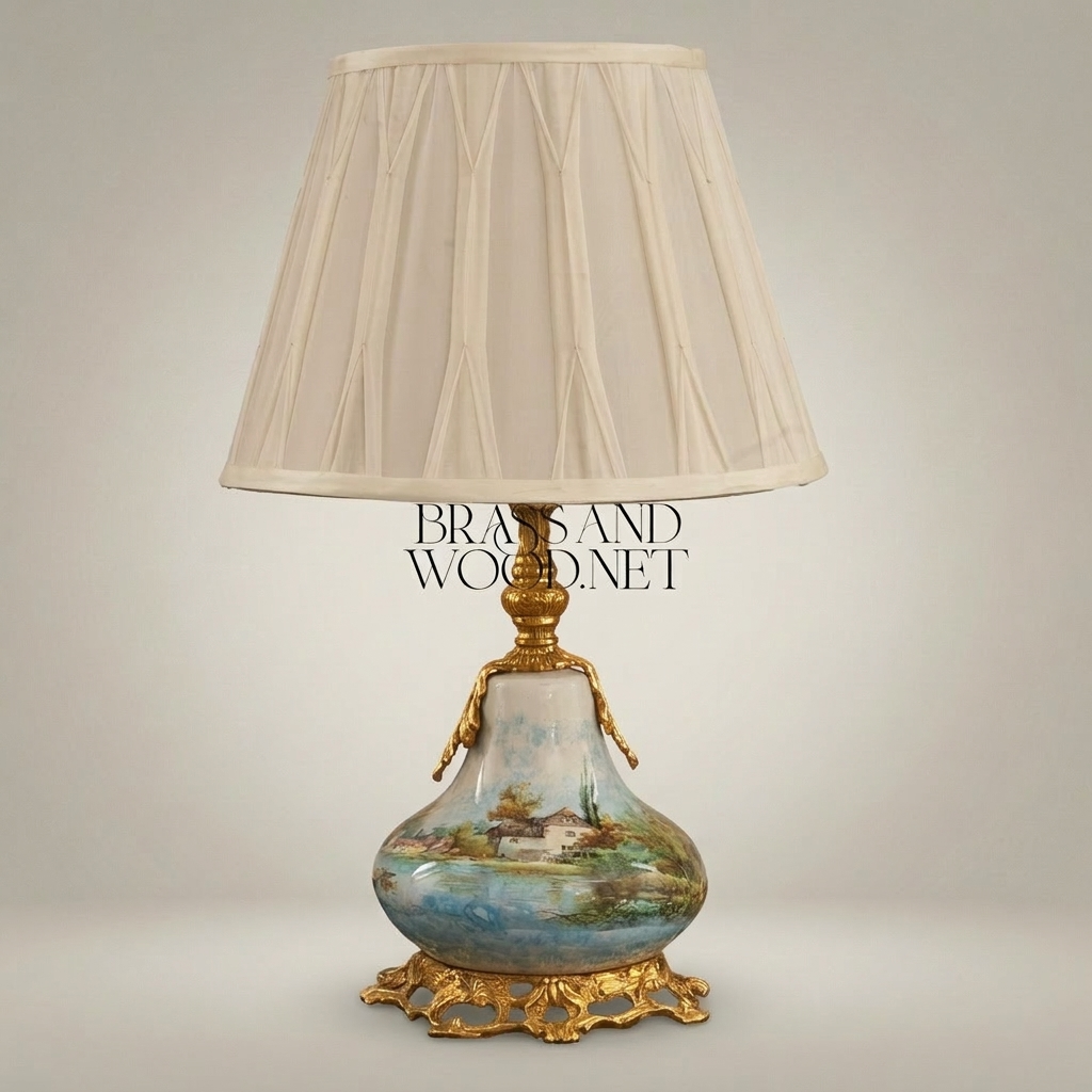 Classical Porcelain Table Lamp - Hand-Painted Landscape & Ornate Brass Base