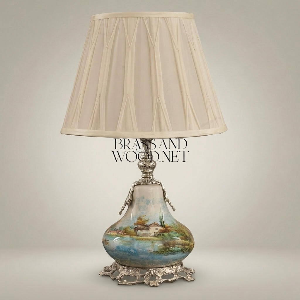 Classical Porcelain Table Lamp - Hand-Painted Landscape & Ornate Brass Base — Silver