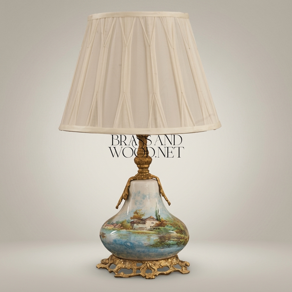 Classical Porcelain Table Lamp - Hand-Painted Landscape & Ornate Brass Base — Antique Gold