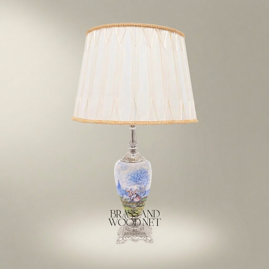 Classical Porcelain Table Lamp - Hand-Painted Romantic Scene with Ornate Brass Base — Silver