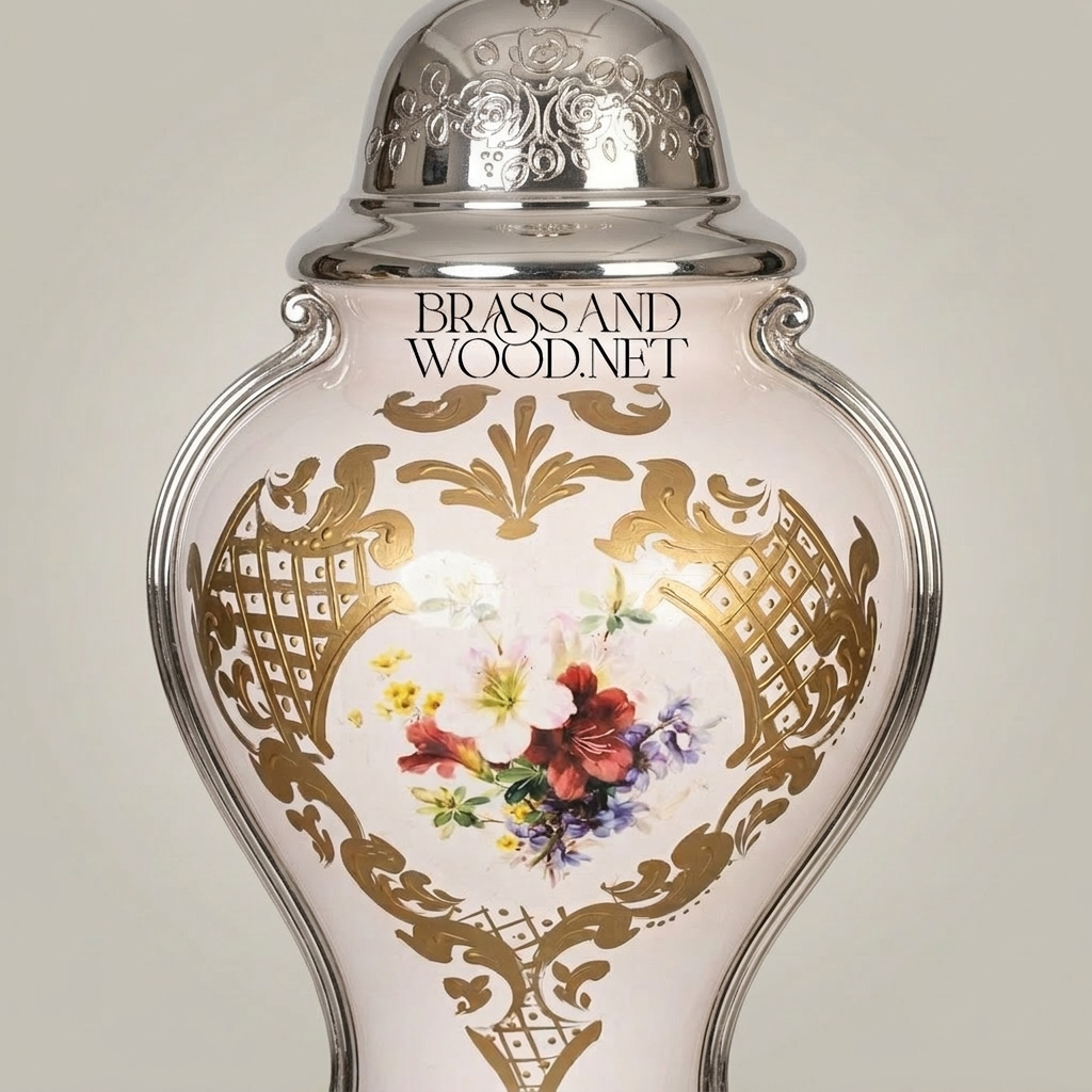 Classical Porcelain Table Lamp - Hand-Painted Floral Bouquet & Ornate Brass Base — Silver