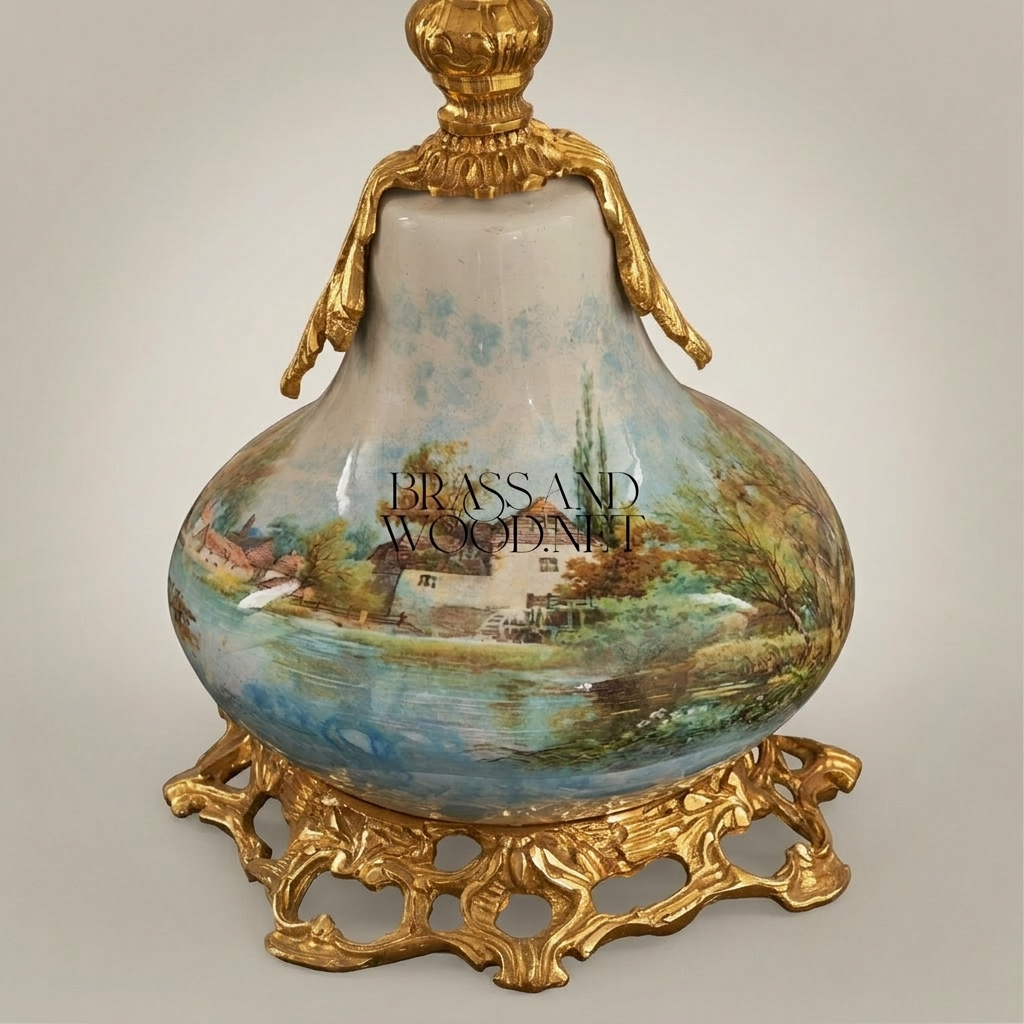 Classical Porcelain Table Lamp - Hand-Painted Landscape & Ornate Brass Base
