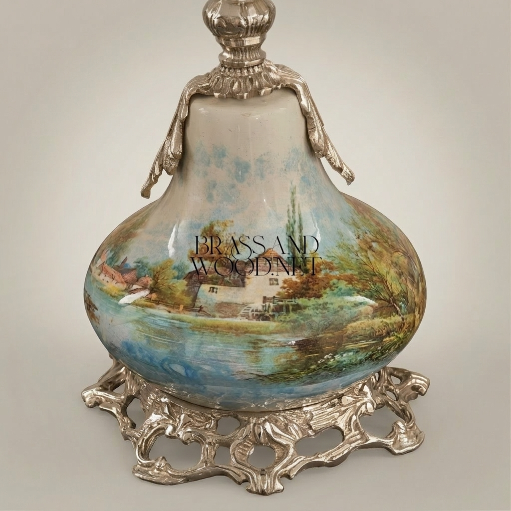 Classical Porcelain Table Lamp - Hand-Painted Landscape & Ornate Brass Base — Silver