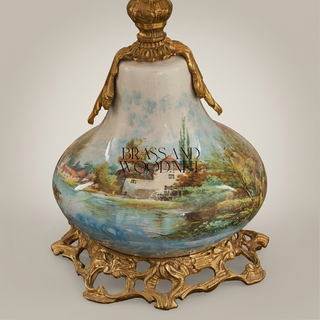 Classical Porcelain Table Lamp - Hand-Painted Landscape & Ornate Brass Base — Antique Gold